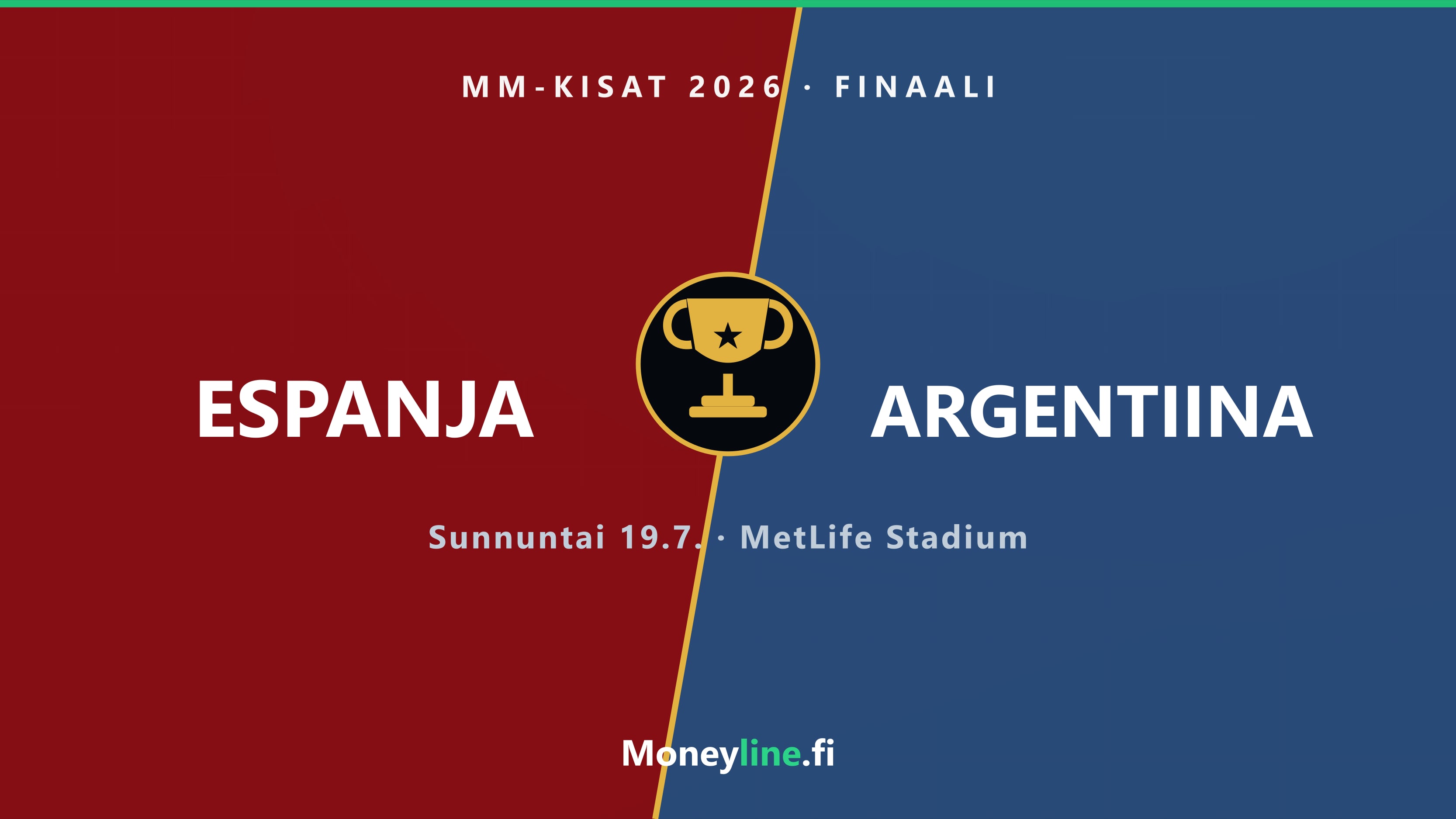 Espanja–Argentiina MM-finaali 2026 – kansikuva pokaalilla ja joukkueväreillä