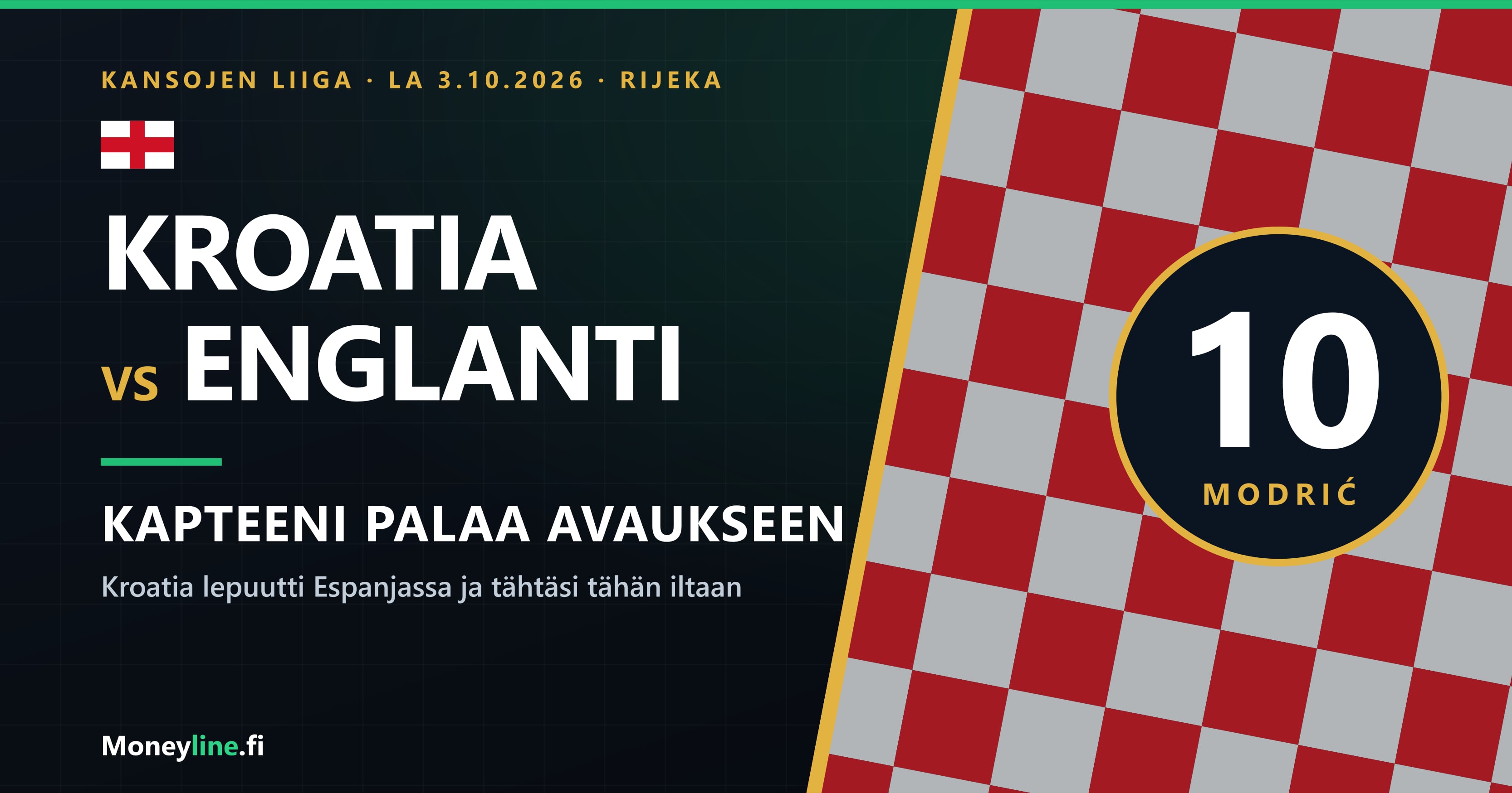 Ottelugrafiikka Kroatian ja Englannin Kansojen liigan ottelusta Rijekassa: Kroatian punavalkoinen ruutukuvio, pelinumero 10 ja nimi Modrić sekä teksti kapteeni palaa avaukseen.