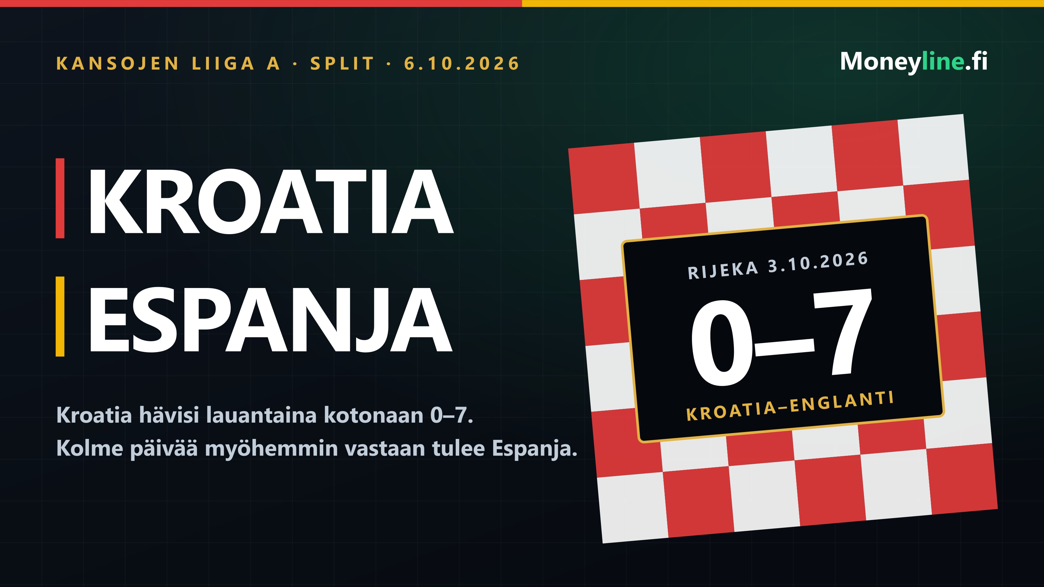 Ottelugrafiikka Kroatian ja Espanjan Kansojen liigan ottelusta Splitissä: Kroatian punavalkoinen ruutukuvio ja tulostaulu, jossa lukee Rijeka 3.10.2026, 0–7, Kroatia–Englanti.